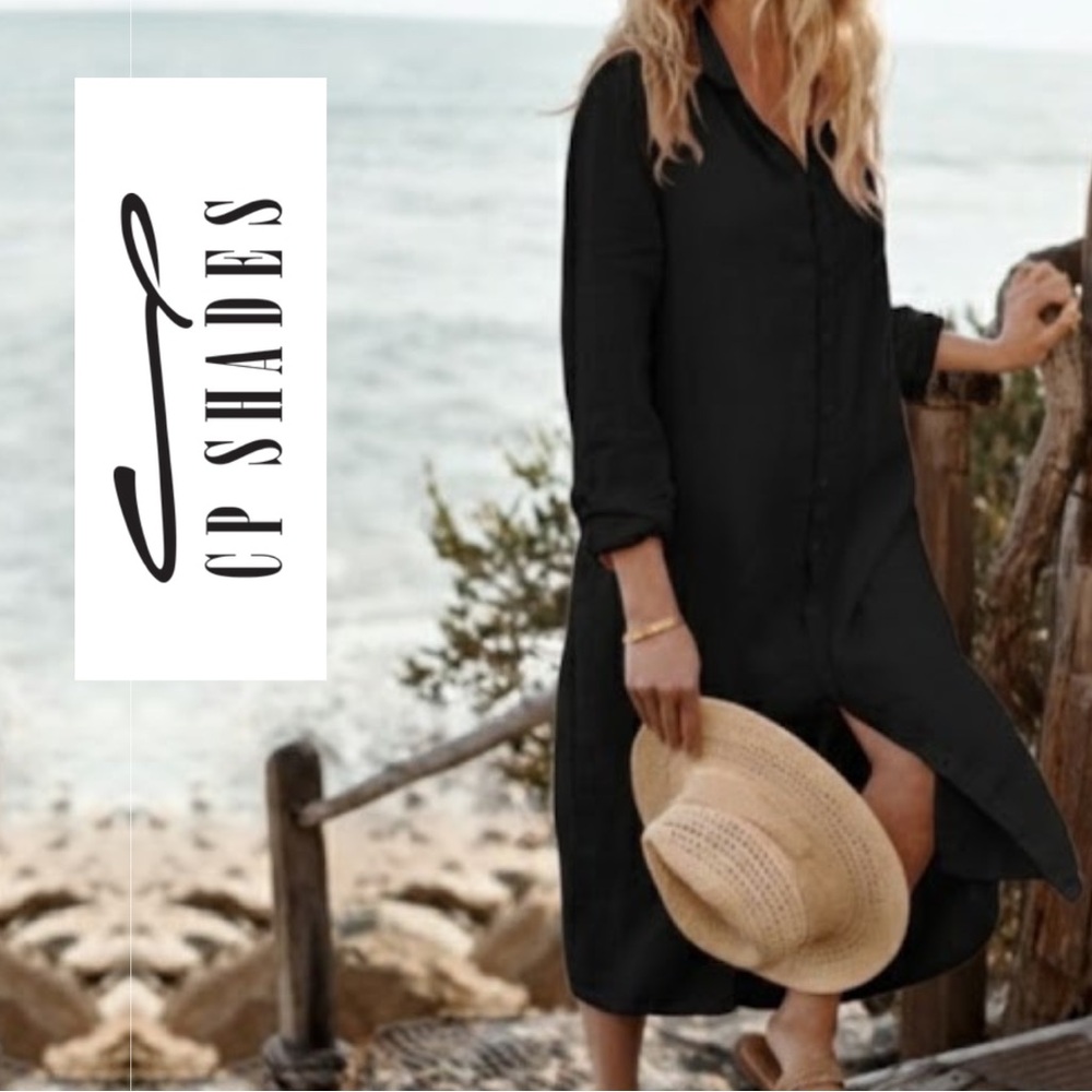 CP Shades - Black Linen Long Sleeve Midi Dress / Coverup - Size XS